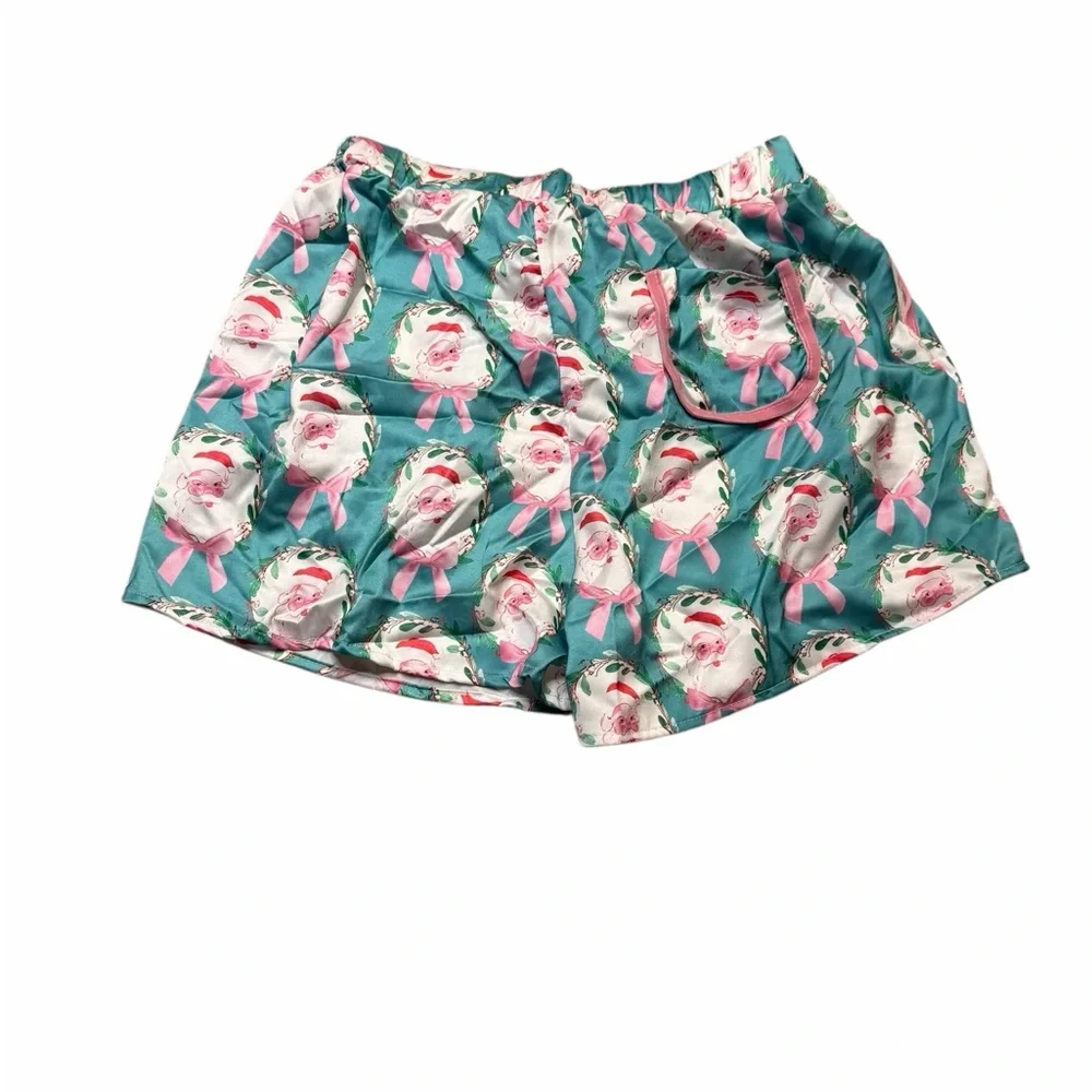 🎅✨ Christmas Santa Pajama Short Set w/ Velvet Bows‎ – Size Large NWT 🎁